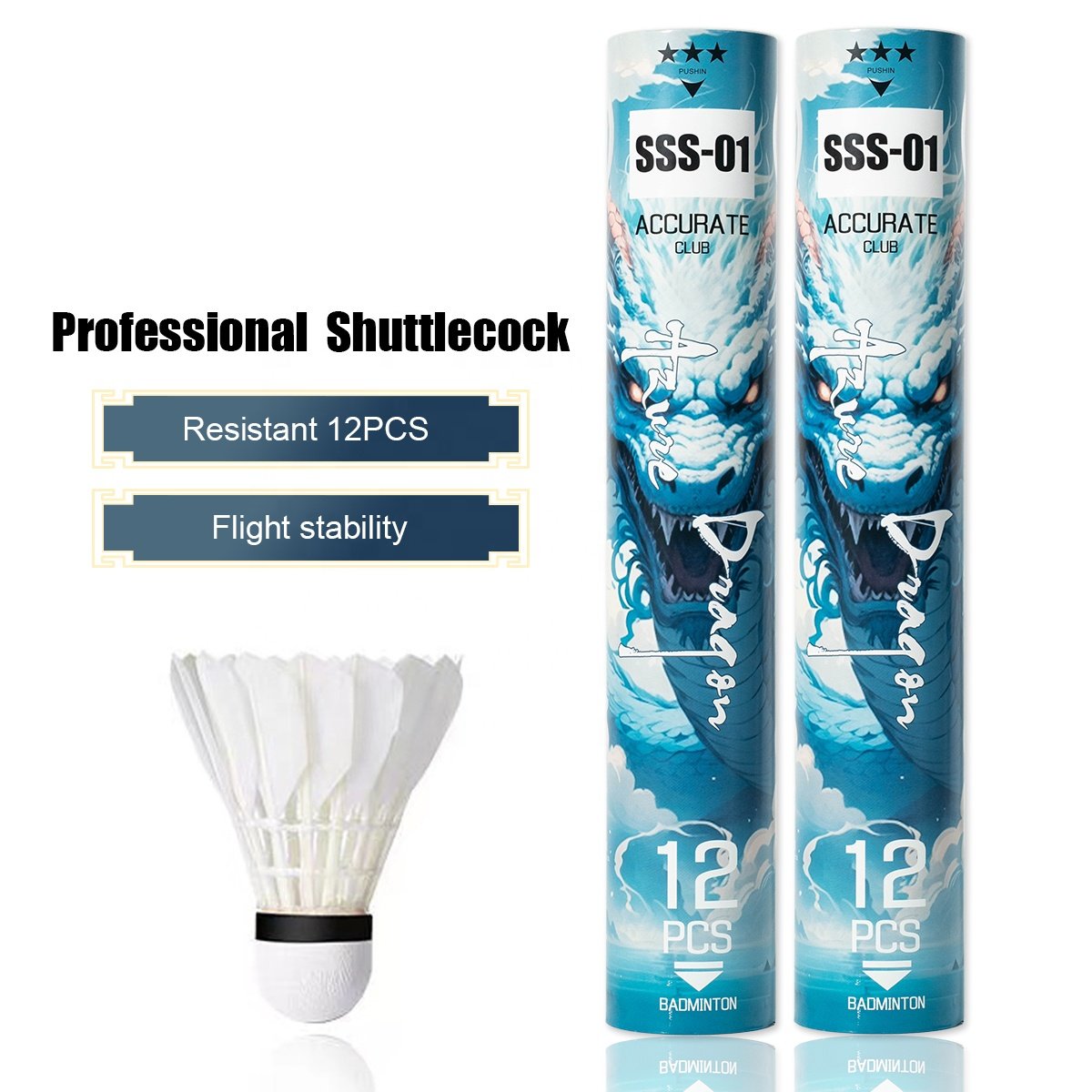 SSS-01 Goose Feather Badminton Shuttlecocks 12pcs/Tube Dragon Design Stable&Durability Speed 77 for Outdoor Indoor Sport