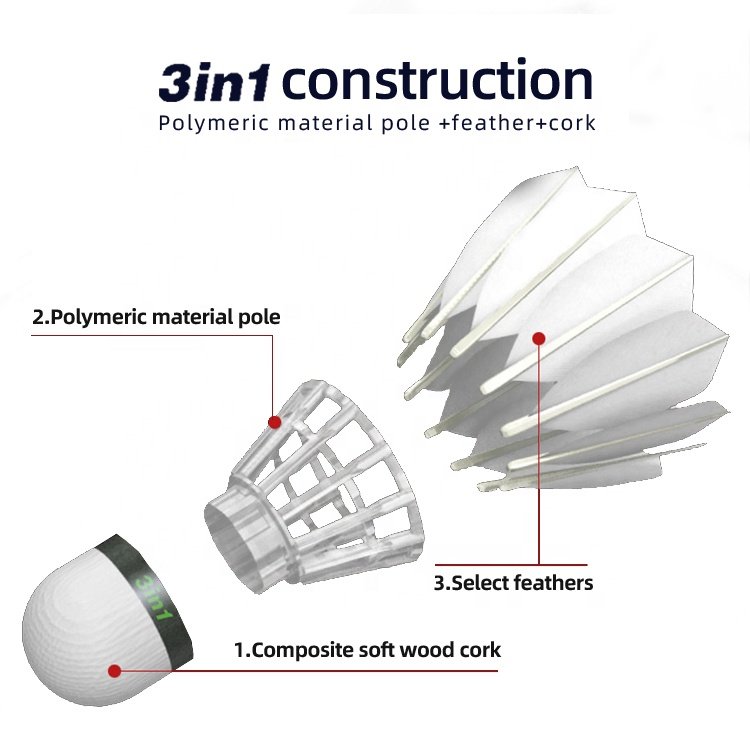 China Manufacture Goose Feather Shuttlecock Cheap Price 3in1 Hybrid Feather Goose Feather Badminton Shuttlecock