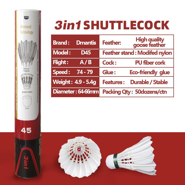 D45 3in1 Goose Feather Badminton China Factory Direct Dmantis Durable Shuttle for All People