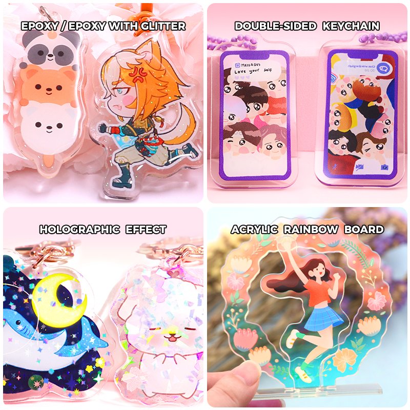 Customized Design Cute Cartoon Printing Promotional Gift Logo Bulk charm hologram Epoxy Clear Acrylic Pendant keychain