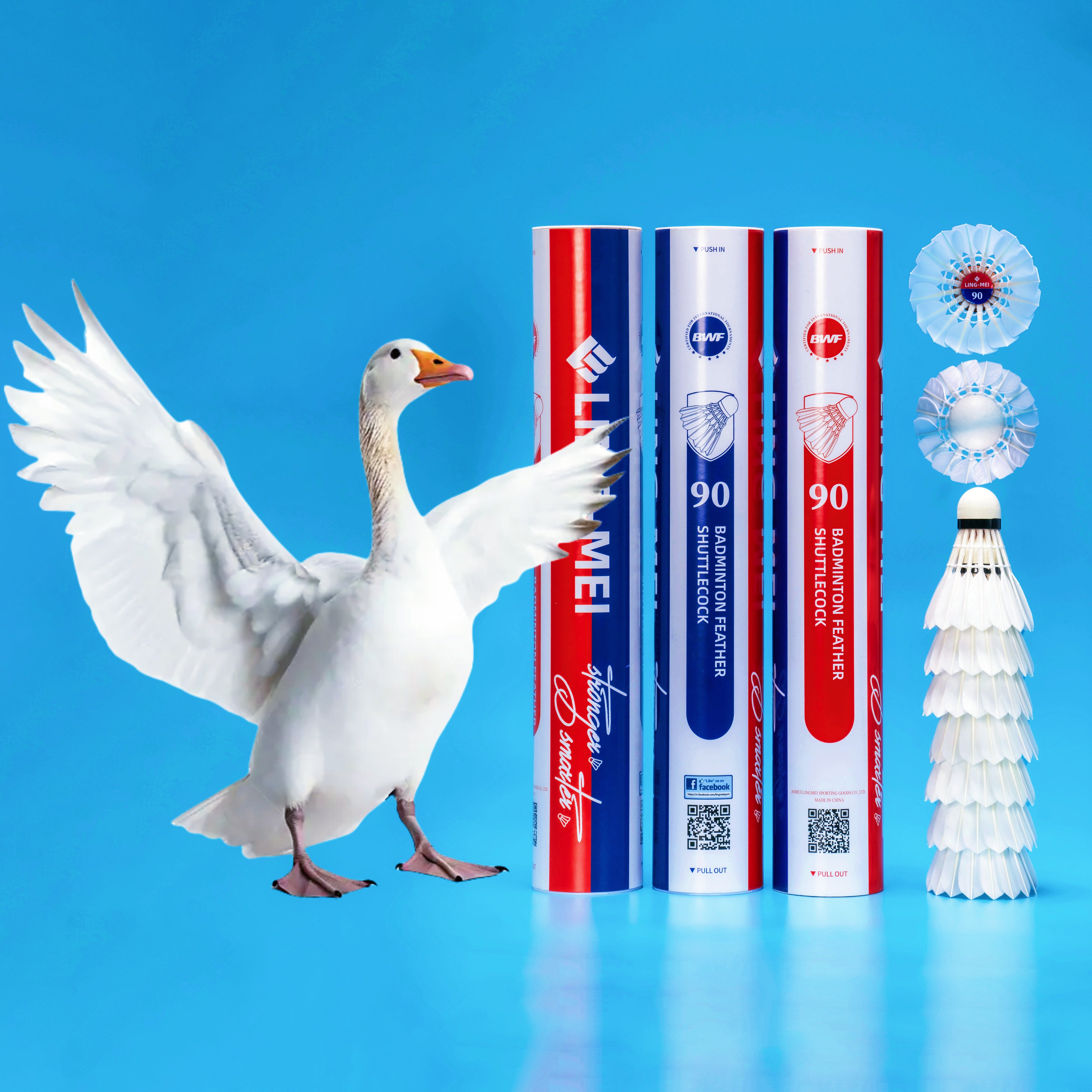 LINGMEI-90 BWF aeroplane eg1130 China factory custom goose feather badminton shuttlecock For Tournament Training