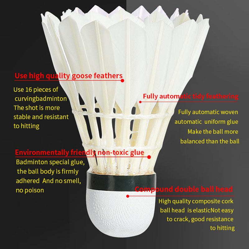 High quality 12pcs/tube durable white color goose feather shuttlecock