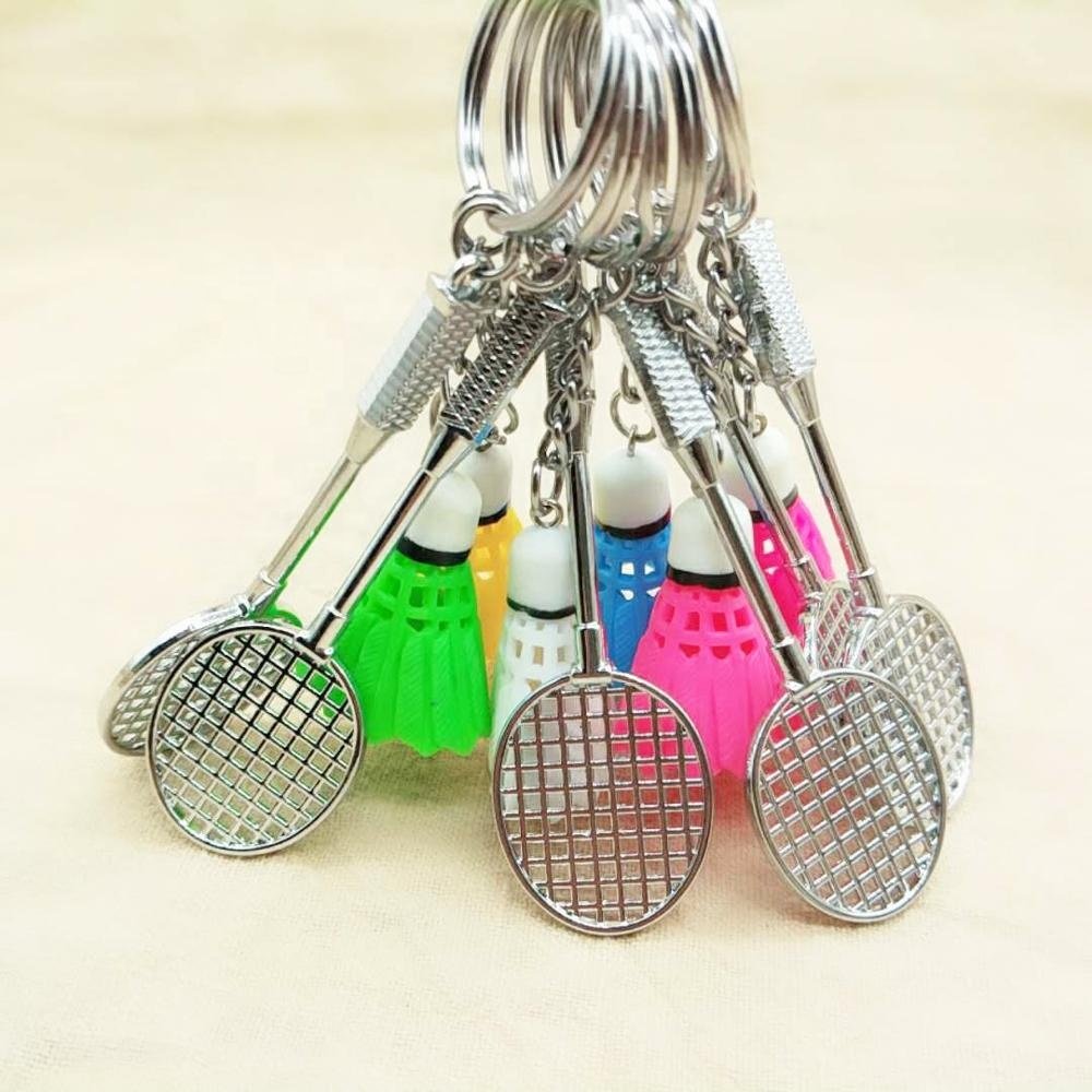 Assorted colors sports fans plastic shuttlecock and racket key ring badminton keychain