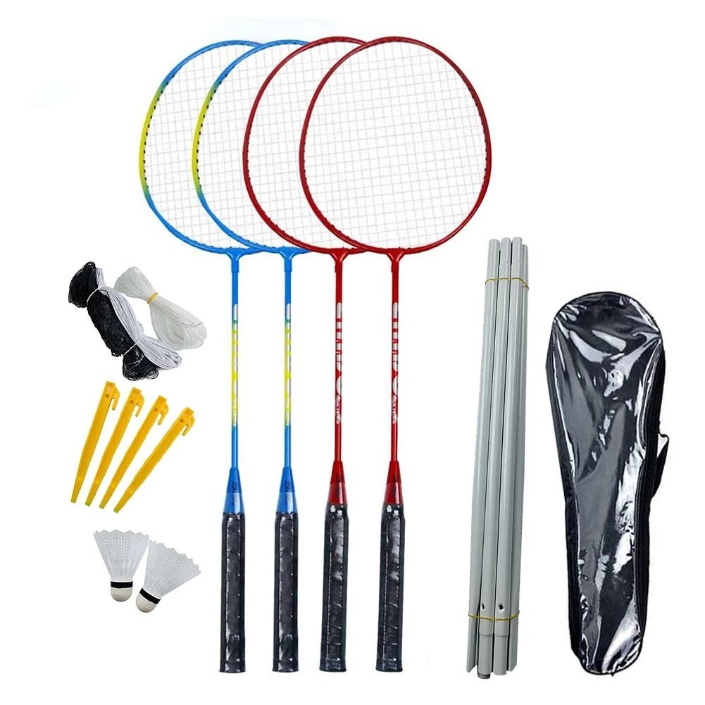 Family 4pcs professional Iron Badminton Rackets Set for Backyard Beach Games, Shuttlecocks net pole ground studs bag included