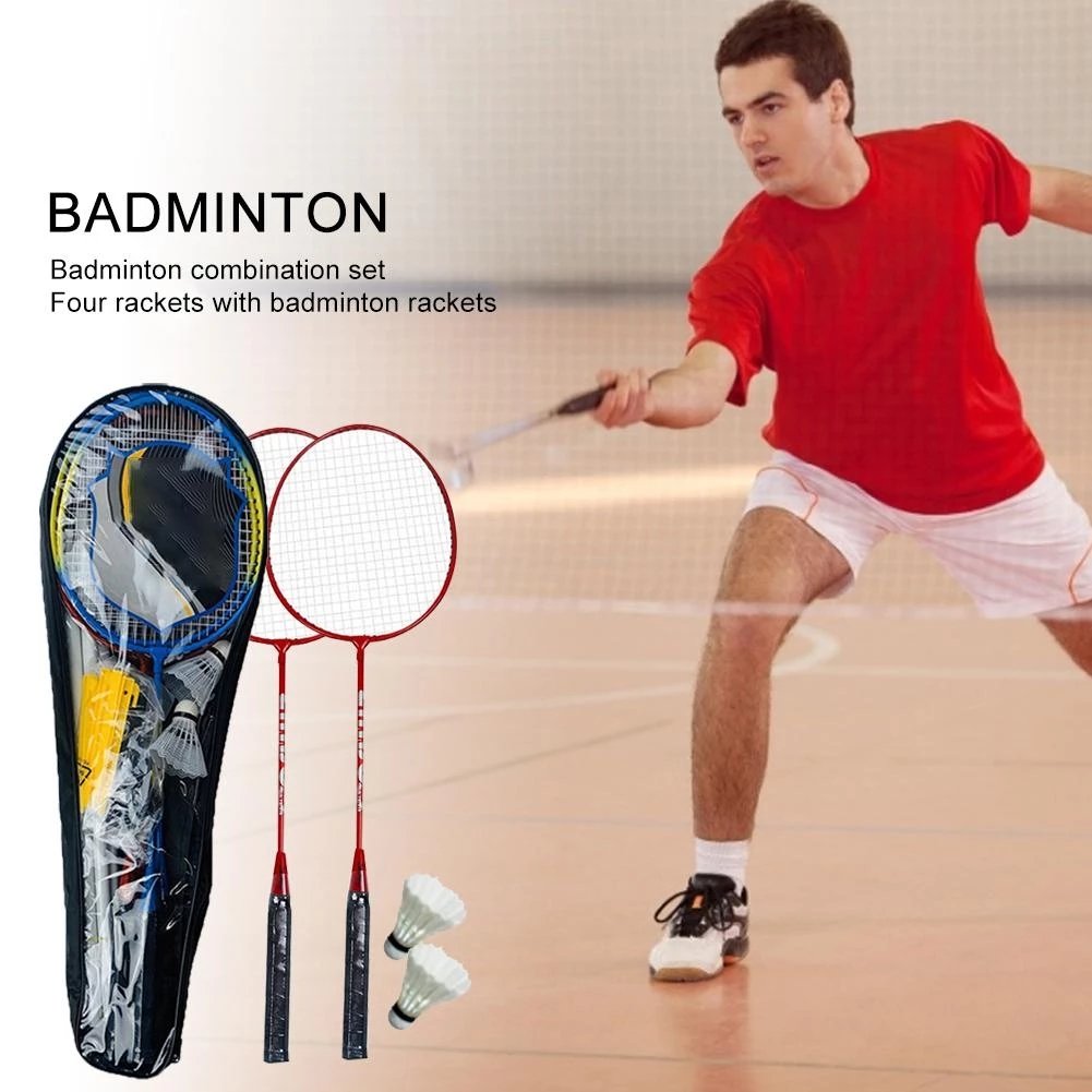 Family 4pcs professional Iron Badminton Rackets Set for Backyard Beach Games, Shuttlecocks net pole ground studs bag included