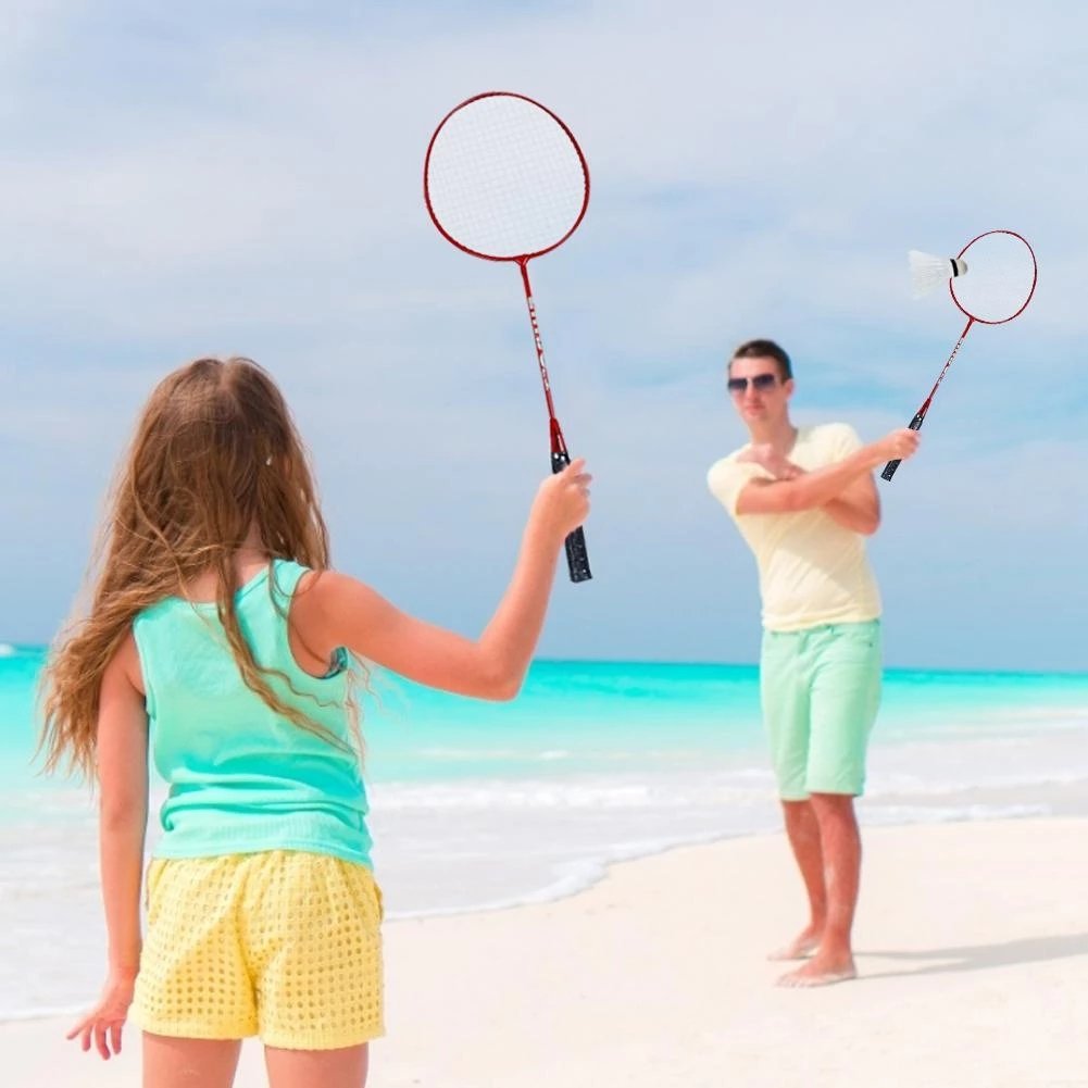 Family 4pcs professional Iron Badminton Rackets Set for Backyard Beach Games, Shuttlecocks net pole ground studs bag included