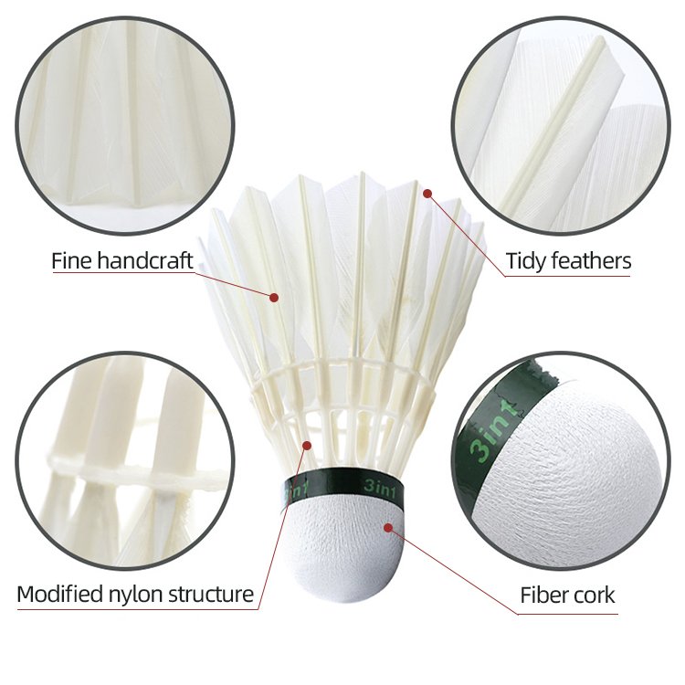 Anyball Good Quality 12pcs Fiber Cork 100% Goose Feather Badminton Shuttlecock For Professional Tournament