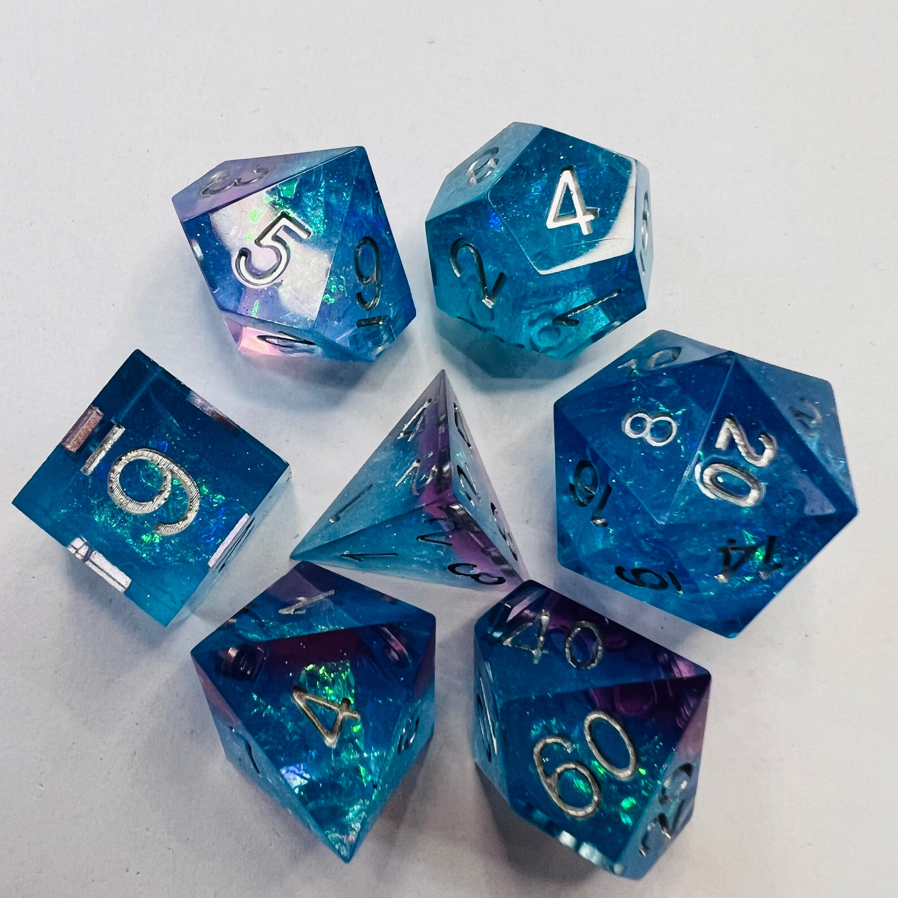 Polyhedral Handmade Dungeons And Dragons Dnd Resin 20 Sided Playing Dice Set Blue Transparent