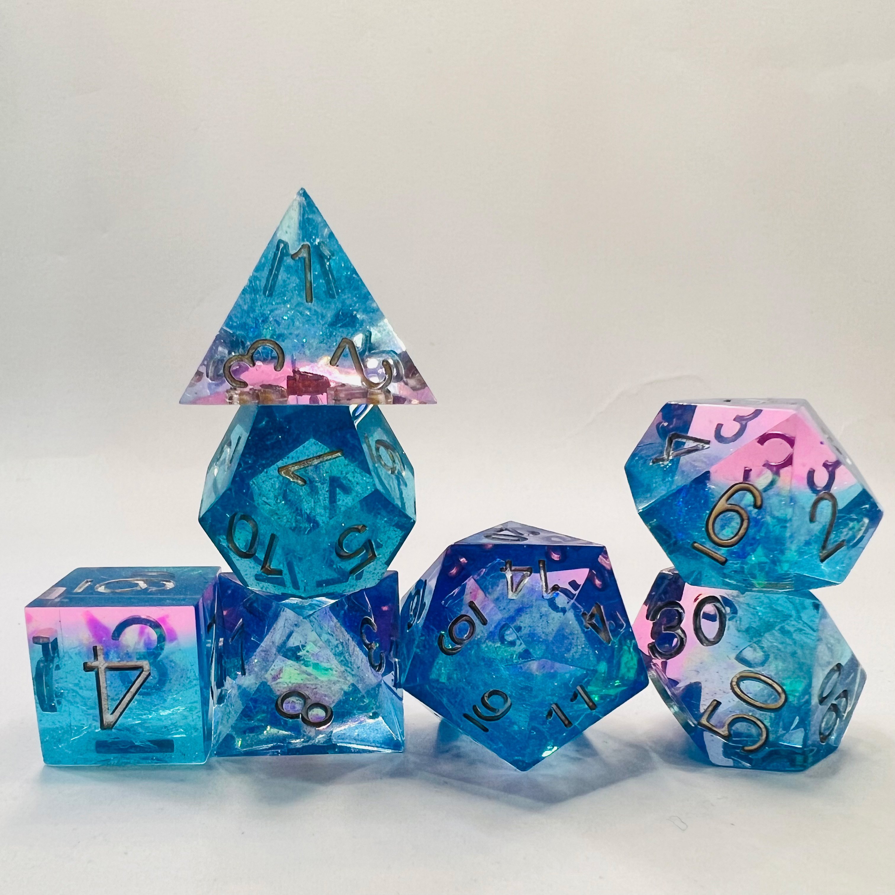 Polyhedral Handmade Dungeons And Dragons Dnd Resin 20 Sided Playing Dice Set Blue Transparent