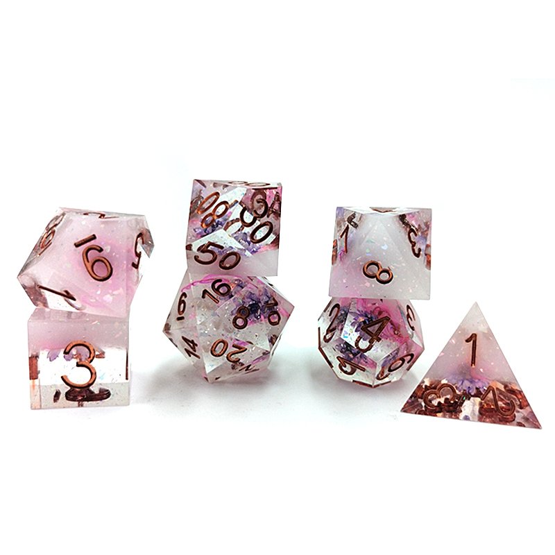 Custom Logo 7Pcs Resin Dnd Square Corners Polyhedral Dice Set With Translucent Flower Glitter