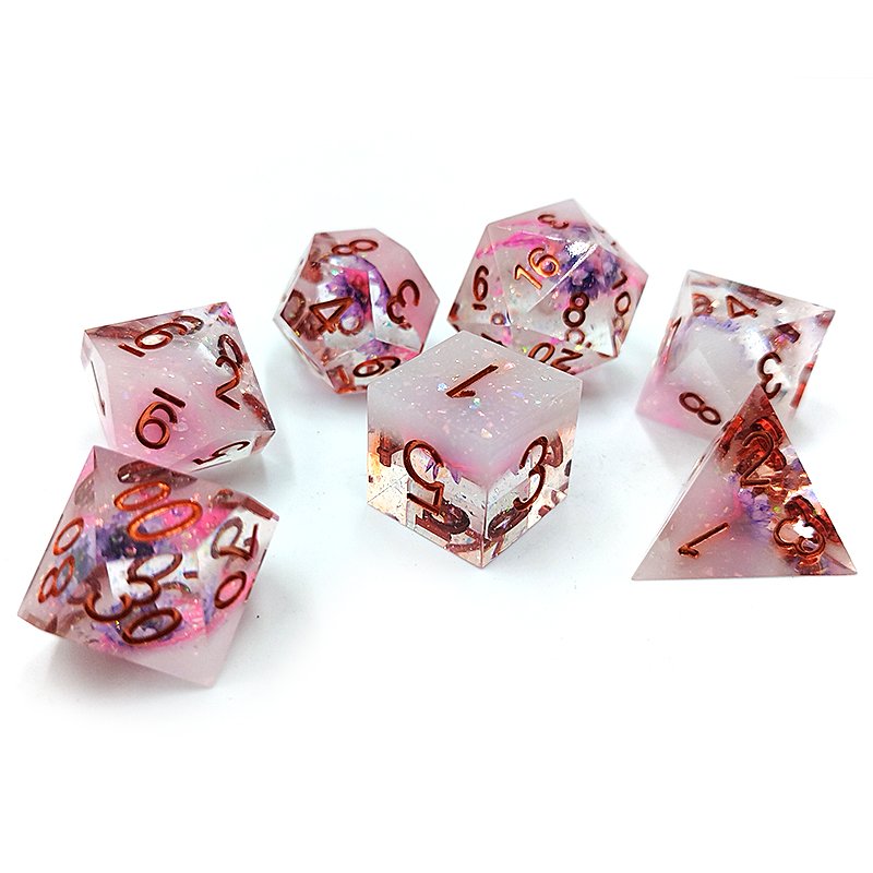 Custom Logo 7Pcs Resin Dnd Square Corners Polyhedral Dice Set With Translucent Flower Glitter