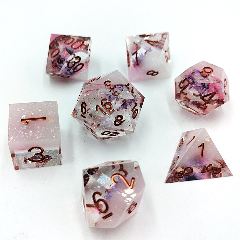 Custom Logo 7Pcs Resin Dnd Square Corners Polyhedral Dice Set With Translucent Flower Glitter