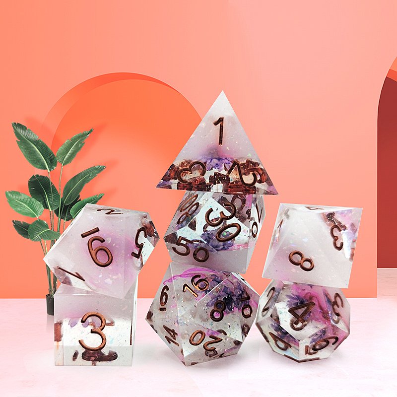 Custom Logo 7Pcs Resin Dnd Square Corners Polyhedral Dice Set With Translucent Flower Glitter