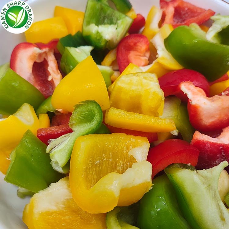 Bulk IQF Frozen Mixed Red Green Yellow Bell Pepper Dice Sliced Chunk Diced Block Cubes Cuts Strip Stick Freeze Freezing Capsicum
