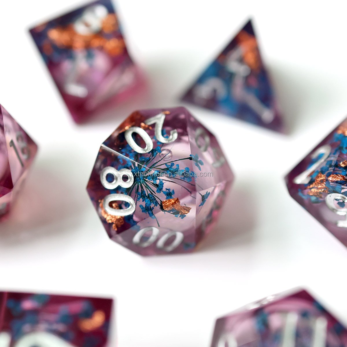 Unique Handmade 7pc Sharp Edge Resin Polyhedral Dice D&D Dungeons and Dragons RPG dice-Flower Liquid Core Dices