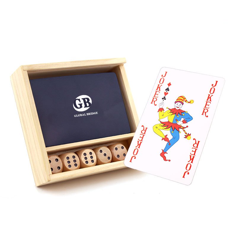 Ideal Gifts Set for Family&Friend Party Supplies Portable Wooden Box with a Deck of Poker Cards and Five Dice Inside