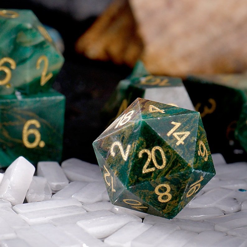 Handcrafted Green Gemstone Dice with Gold Numbers Perfect for D&D RPG and Board Games Unique Luxury Gaming Accessory