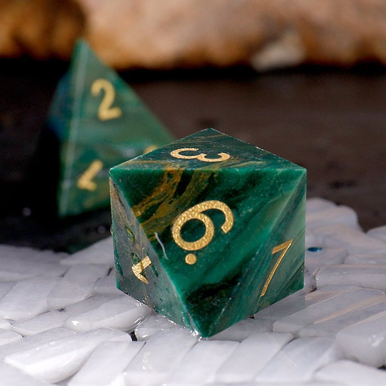 Handcrafted Green Gemstone Dice with Gold Numbers Perfect for D&D RPG and Board Games Unique Luxury Gaming Accessory