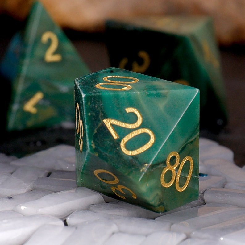 Handcrafted Green Gemstone Dice with Gold Numbers Perfect for D&D RPG and Board Games Unique Luxury Gaming Accessory