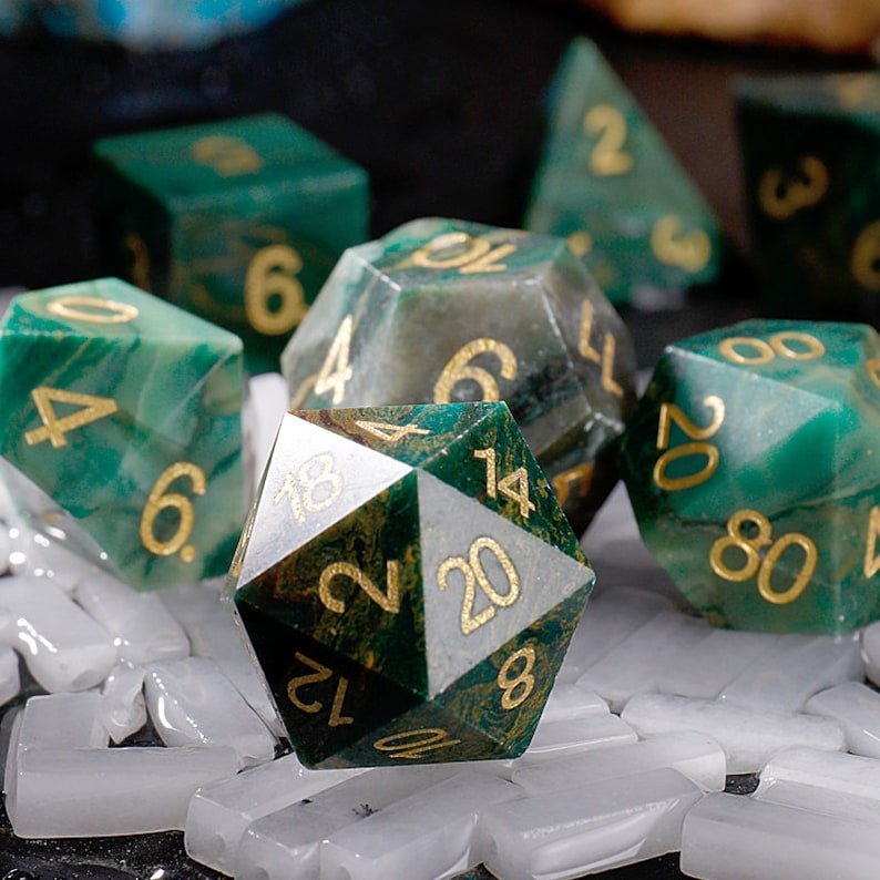 Handcrafted Green Gemstone Dice with Gold Numbers Perfect for D&D RPG and Board Games Unique Luxury Gaming Accessory