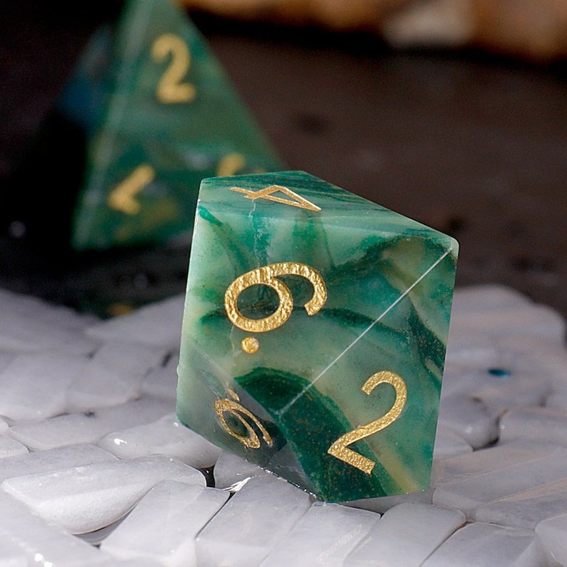 Handcrafted Green Gemstone Dice with Gold Numbers Perfect for D&D RPG and Board Games Unique Luxury Gaming Accessory