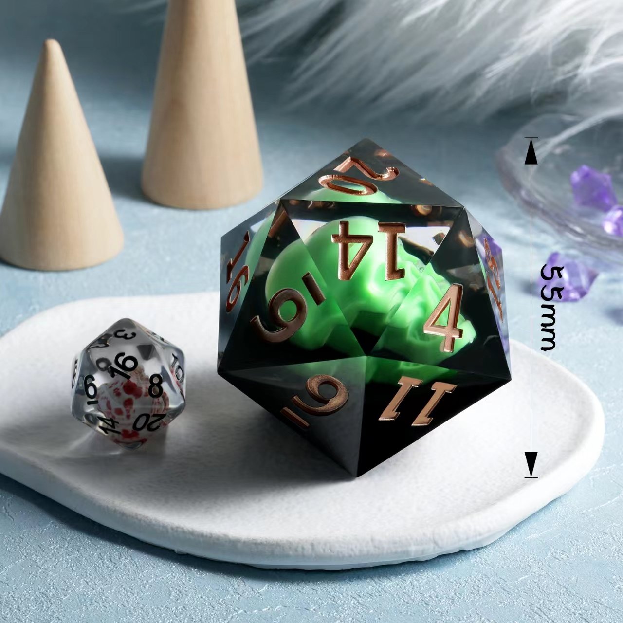 New Design Skull Role Playing Dice 55mm Giant Custom 20 Sided DND Liquid Dice Resin Sharp Edge Polyhedral D20 Dice for TTRPG
