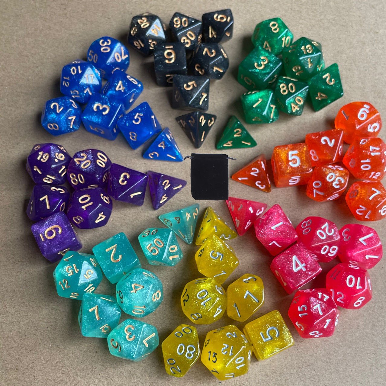 Factory Supply Dice Set 7 PCS Glitter Polyhedral Resin Dice for Role Playing Games Dice with Pouch