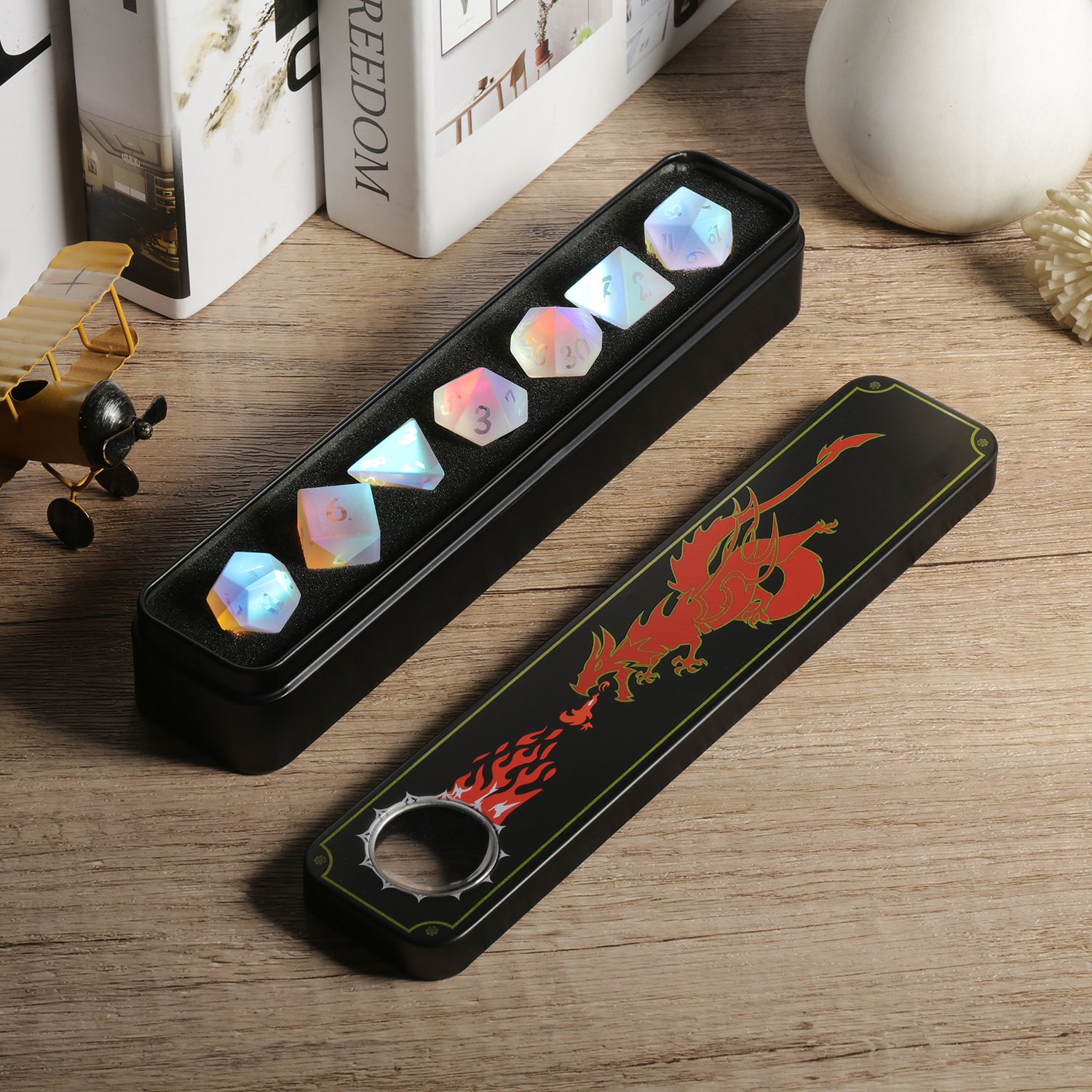 Wholesale Engraved Gemstone Dice Custom Rainbow Prism Glass DND Gem Dice Stone Polyhedral Dice Set K9 Frosted Colorful Glass D20