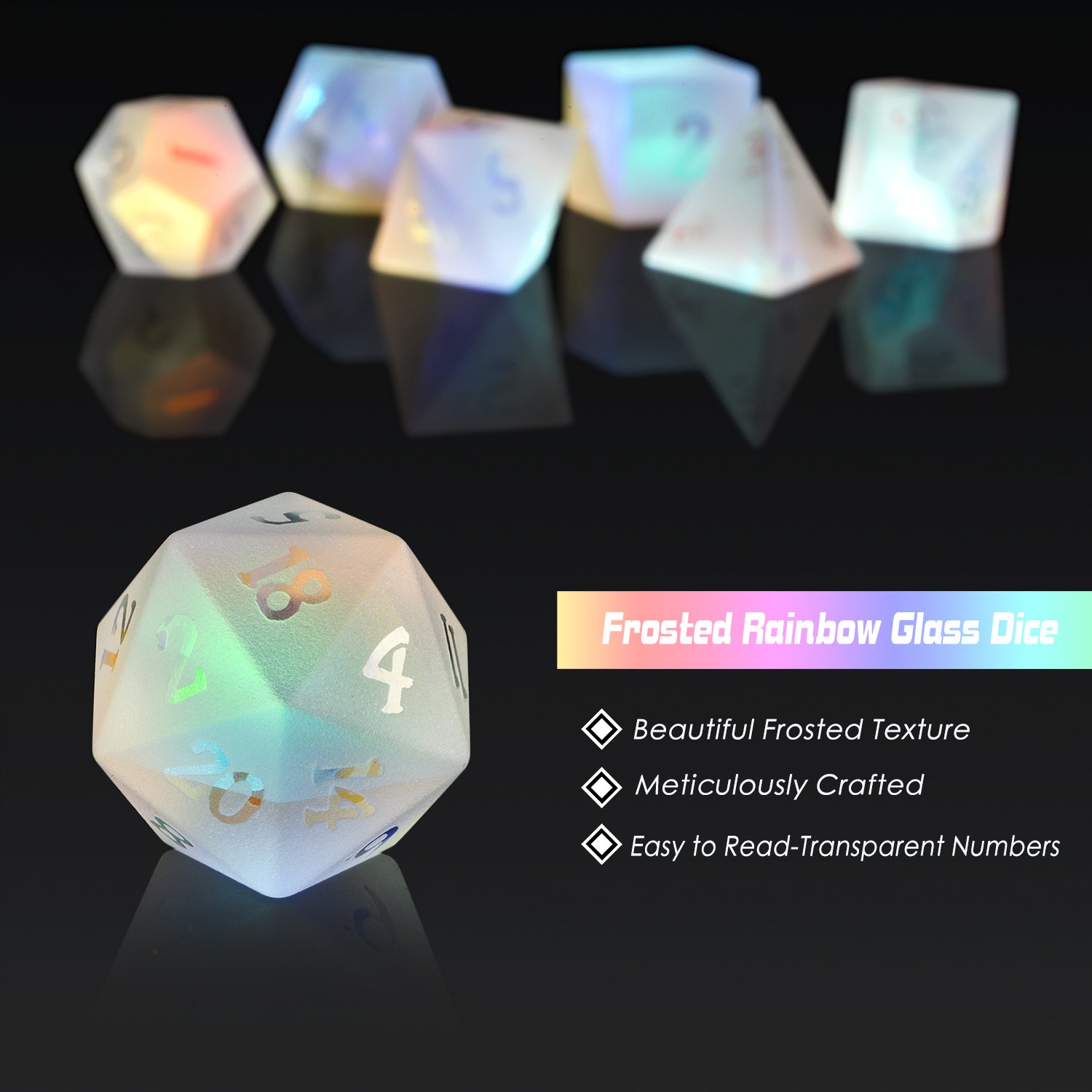 Wholesale Engraved Gemstone Dice Custom Rainbow Prism Glass DND Gem Dice Stone Polyhedral Dice Set K9 Frosted Colorful Glass D20