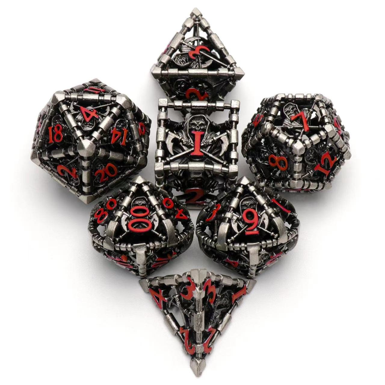 Metal Polyhedral Dice Set Role Playing D&D Hollow Grim Reaper Dice Gaming Dice for Table Game RPG MTG Pathfinder Warhammer