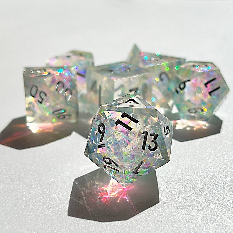 Ice through Series - Retro Transparent Holographic Handmade Resin Sharp Edge dnd Dice Set dnd, Dungeons & Dragons, RPG Dice