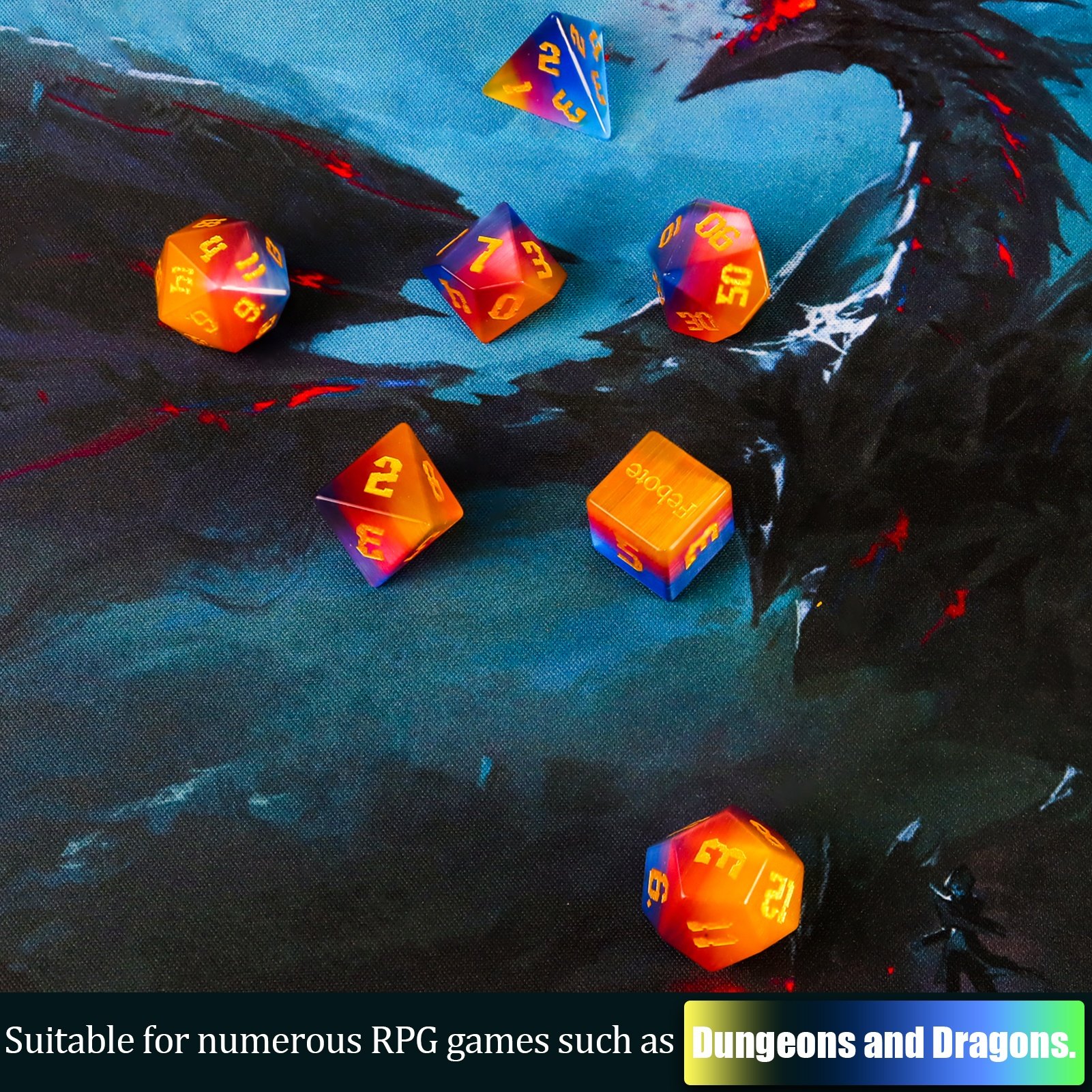 Custom DND Synthetic Gemstone Glass Dice Set Yellow Red Blue Three-Color Cats Eye Dice For Dungeons And Dragons RPG