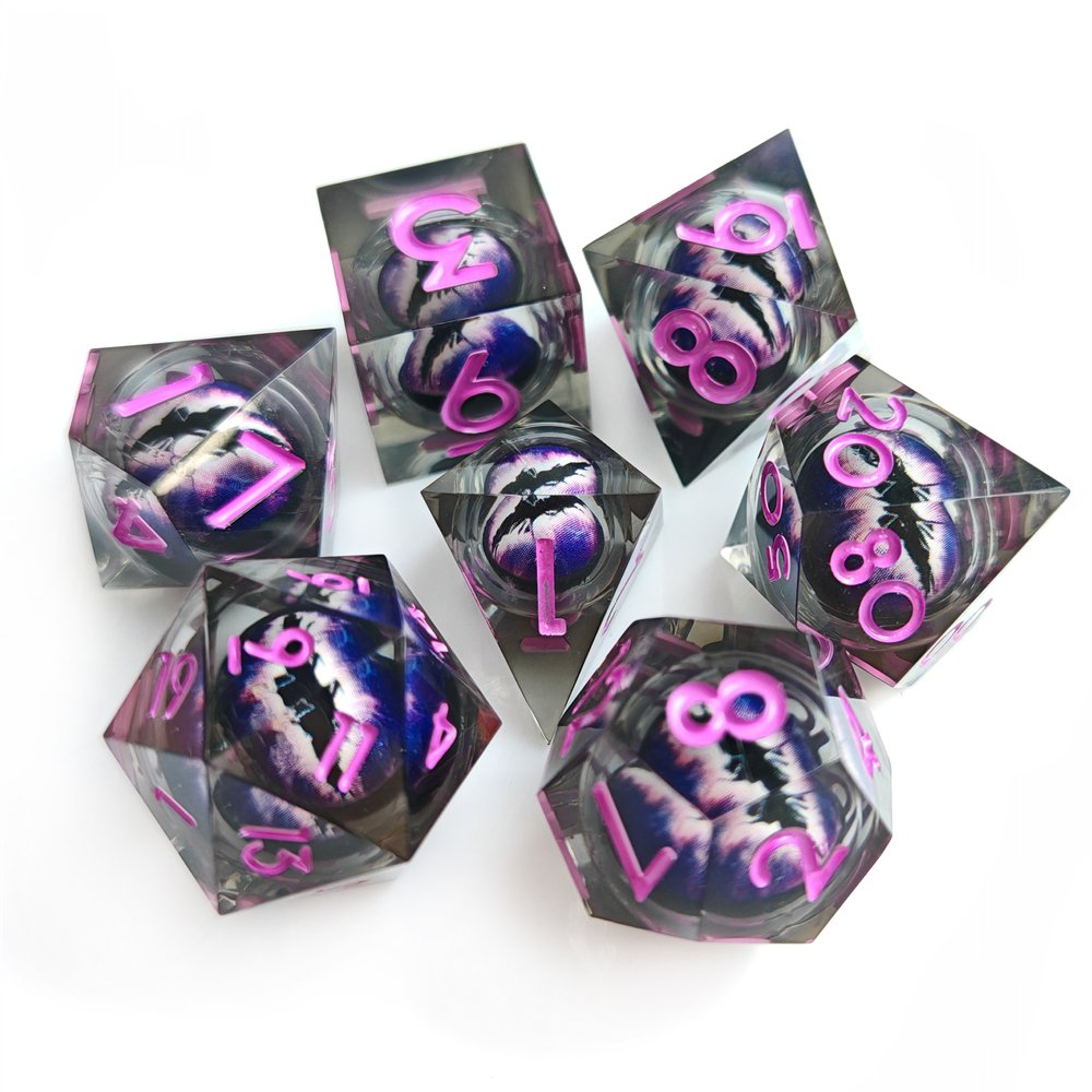 Dragon Eye Liquid Core Dice with Purple Digit for Dragons & Dungeons RPG Board Game 7pcs Polyhedral Sharp Edge Resin Dice Set