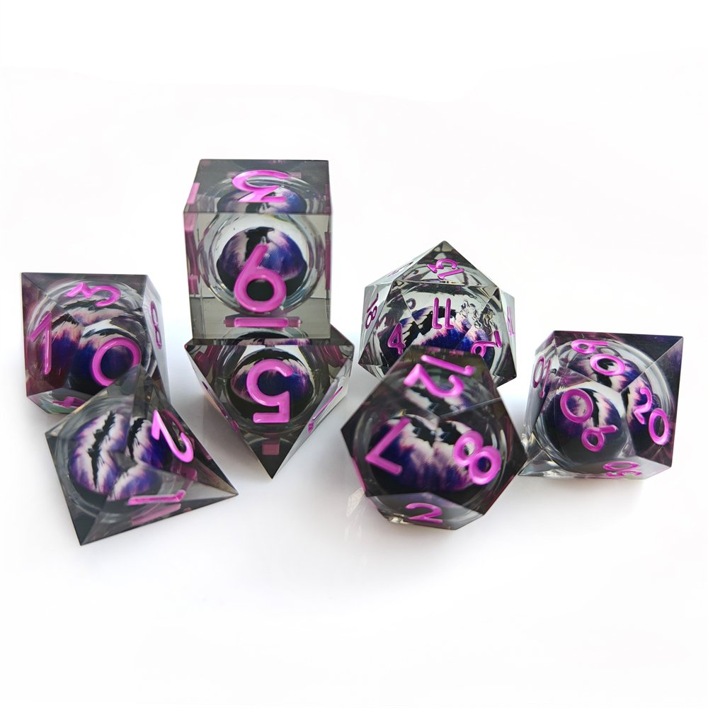 Dragon Eye Liquid Core Dice with Purple Digit for Dragons & Dungeons RPG Board Game 7pcs Polyhedral Sharp Edge Resin Dice Set