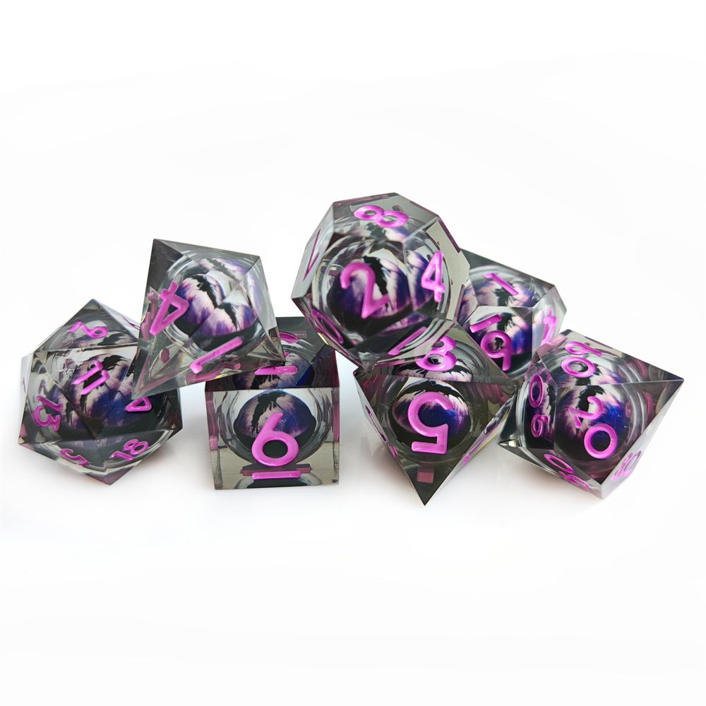 Dragon Eye Liquid Core Dice with Purple Digit for Dragons & Dungeons RPG Board Game 7pcs Polyhedral Sharp Edge Resin Dice Set