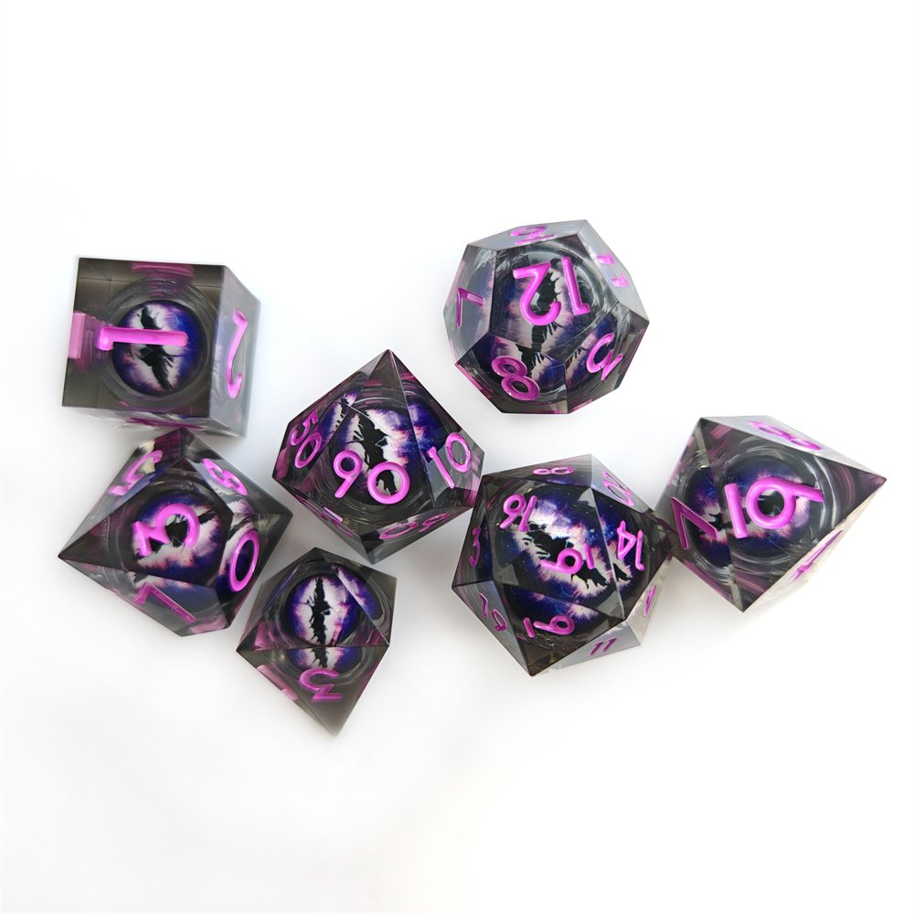 Dragon Eye Liquid Core Dice with Purple Digit for Dragons & Dungeons RPG Board Game 7pcs Polyhedral Sharp Edge Resin Dice Set