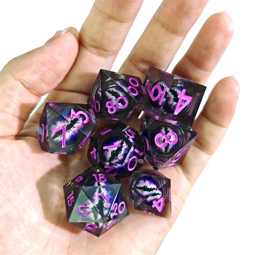 Dragon Eye Liquid Core Dice with Purple Digit for Dragons & Dungeons RPG Board Game 7pcs Polyhedral Sharp Edge Resin Dice Set