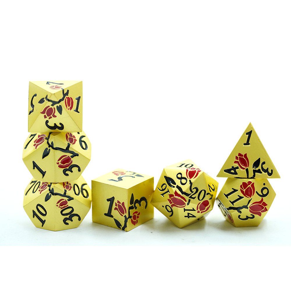 Gold Metal Red Flower Dice 7 Pcs Metallic Dnd Dice Set Custom Dnd Dice For Dungeons And Dragon Tabletop Game