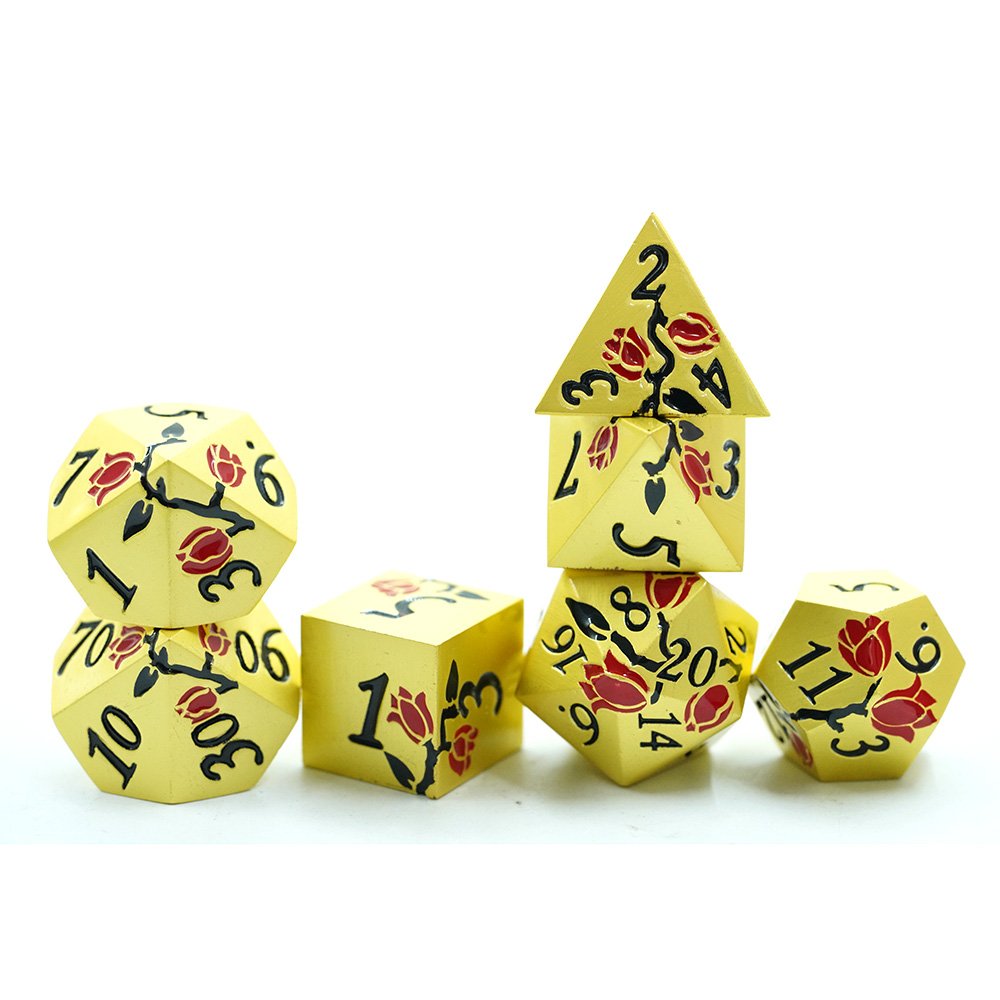 Gold Metal Red Flower Dice 7 Pcs Metallic Dnd Dice Set Custom Dnd Dice For Dungeons And Dragon Tabletop Game