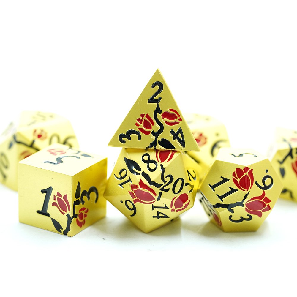 Gold Metal Red Flower Dice 7 Pcs Metallic Dnd Dice Set Custom Dnd Dice For Dungeons And Dragon Tabletop Game