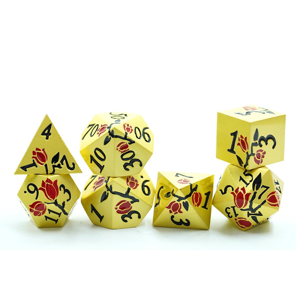 Gold Metal Red Flower Dice 7 Pcs Metallic Dnd Dice Set Custom Dnd Dice For Dungeons And Dragon Tabletop Game