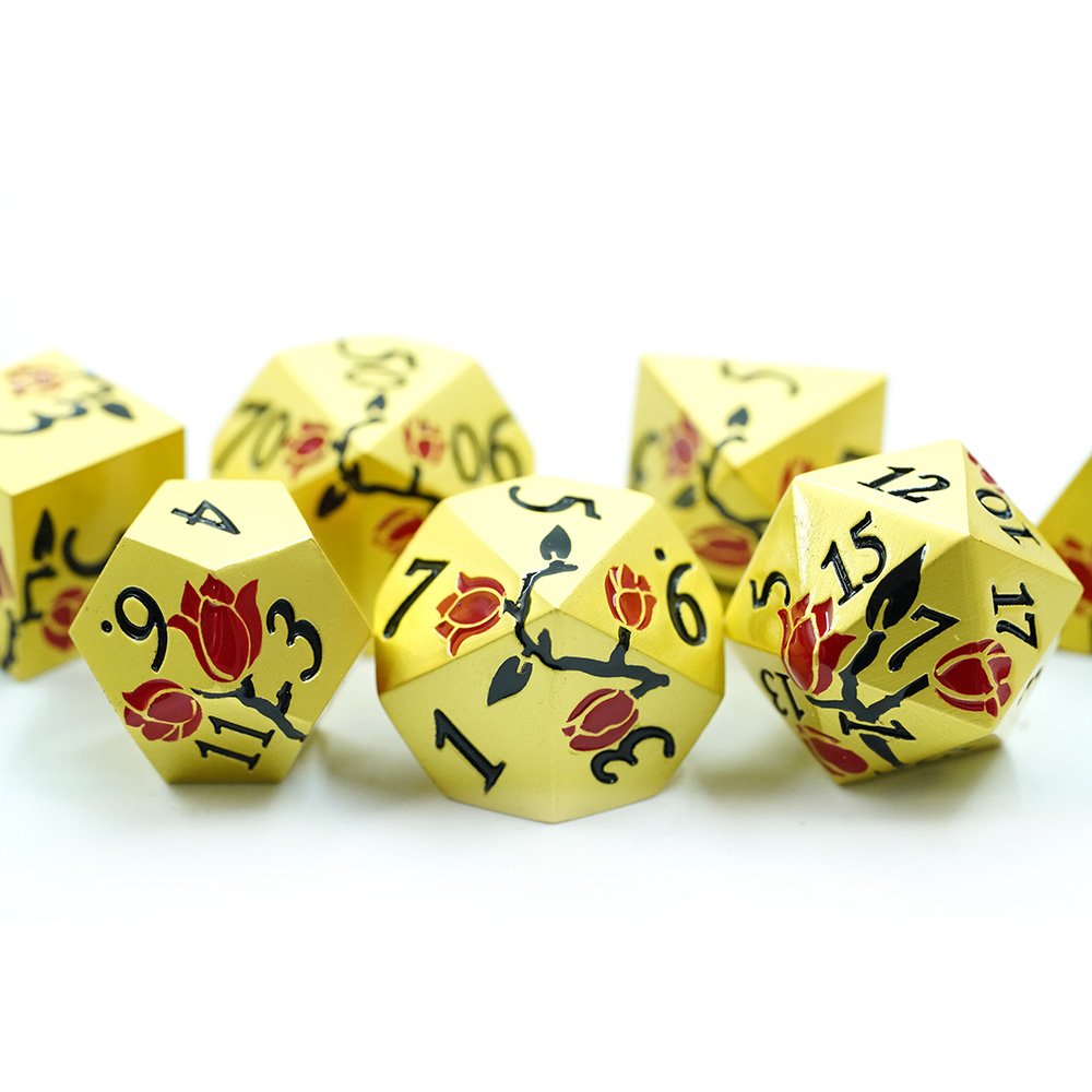 Gold Metal Red Flower Dice 7 Pcs Metallic Dnd Dice Set Custom Dnd Dice For Dungeons And Dragon Tabletop Game