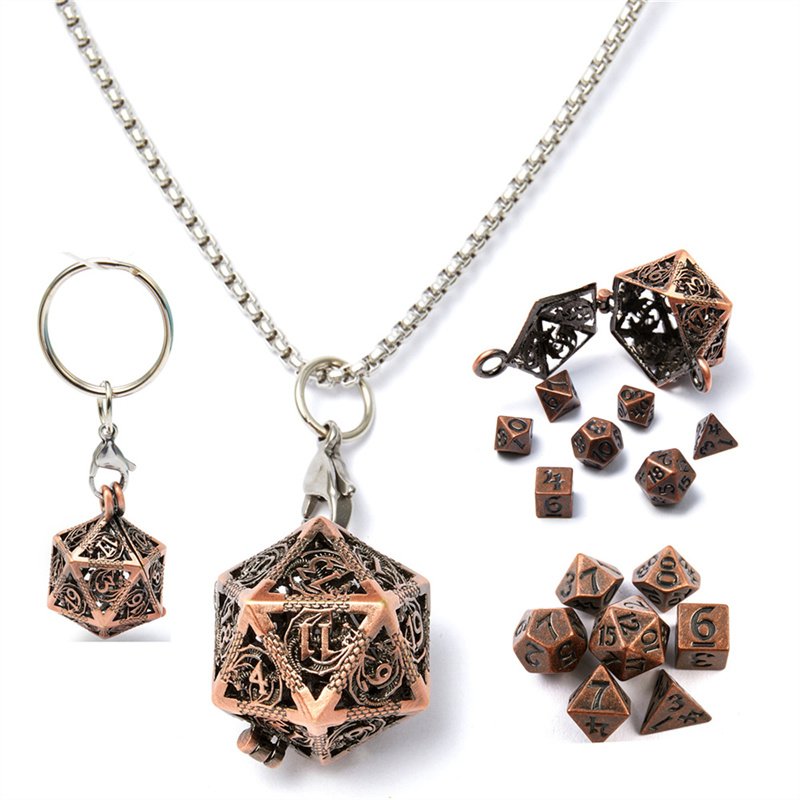 D20 Metal Dice Set with Hollow Box -7-Piece Set, Portable Board Game Mini Dice Set, Comes with Necklace and Keychain