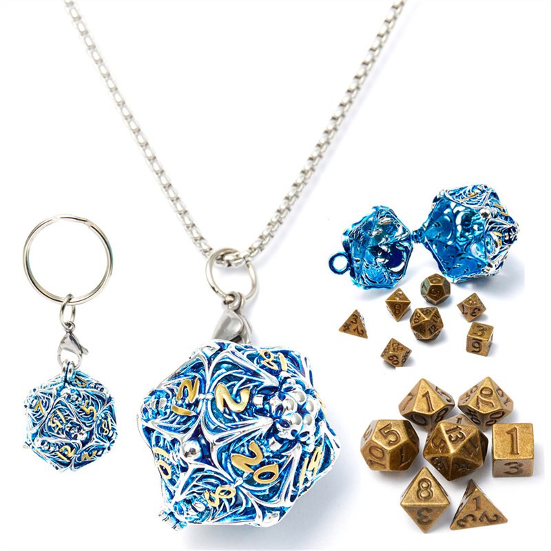 D20 Metal Dice Set with Hollow Box -7-Piece Set, Portable Board Game Mini Dice Set, Comes with Necklace and Keychain