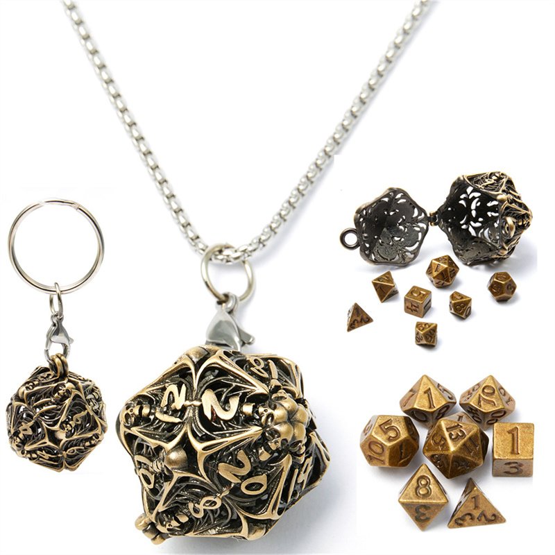 D20 Metal Dice Set with Hollow Box -7-Piece Set, Portable Board Game Mini Dice Set, Comes with Necklace and Keychain