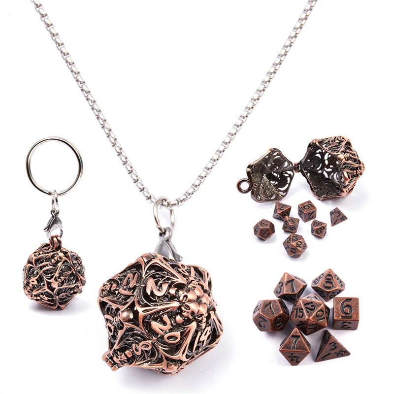 D20 Metal Dice Set with Hollow Box -7-Piece Set, Portable Board Game Mini Dice Set, Comes with Necklace and Keychain