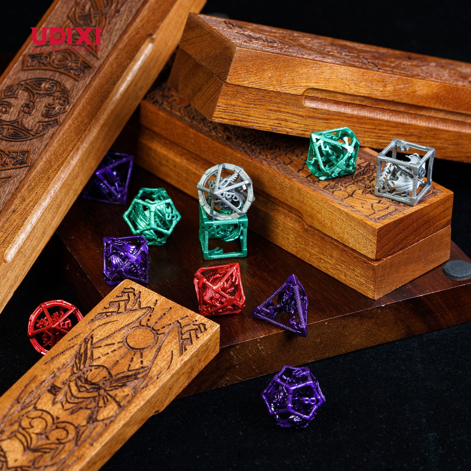 Udixi Polyhedral custom logo rpg dungeons and dragons hollow metal dice game set Flying Dragon