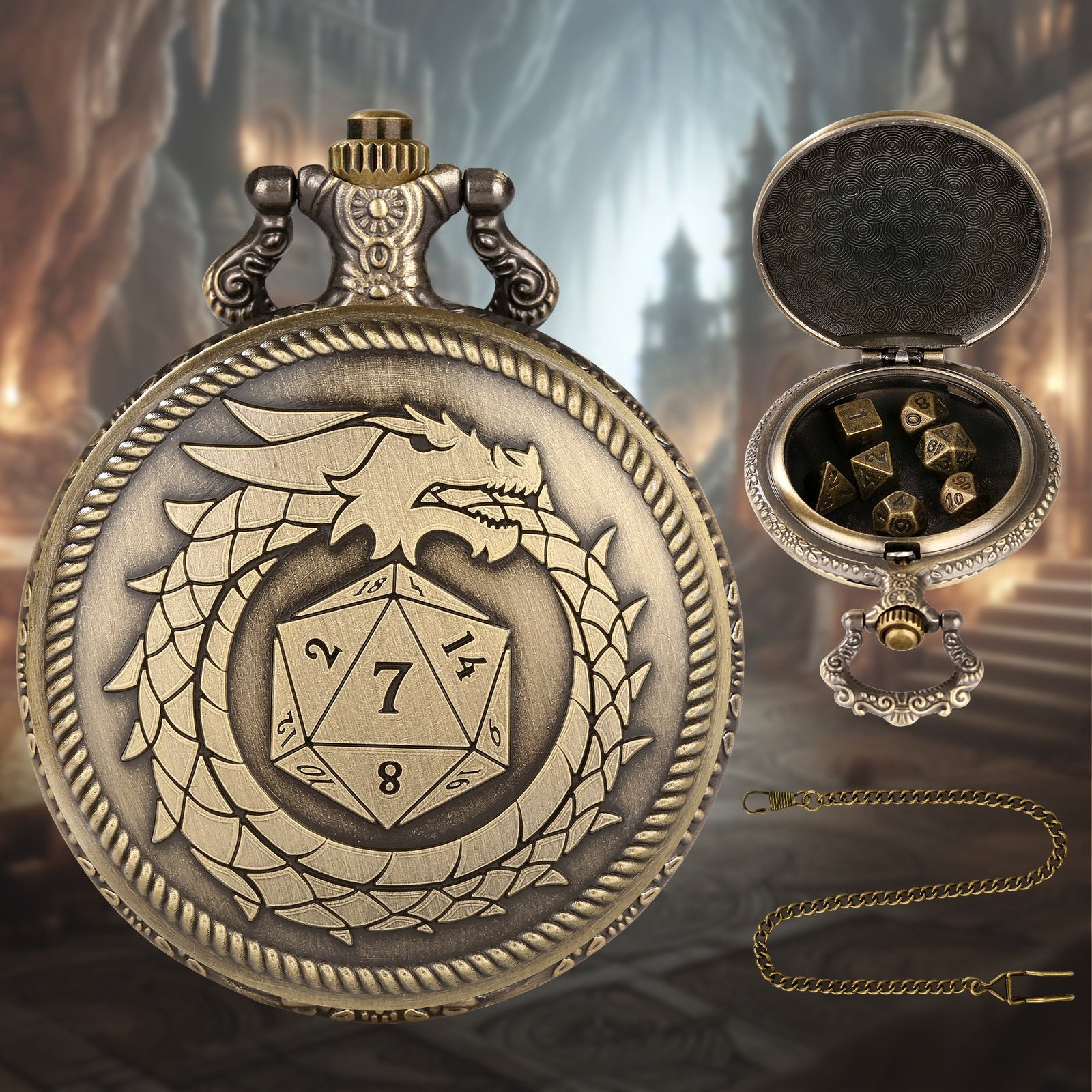Dungeons and Dragons Gifts Polyhedral Mini Metal DND Dice Set with Pocket Watch Shell