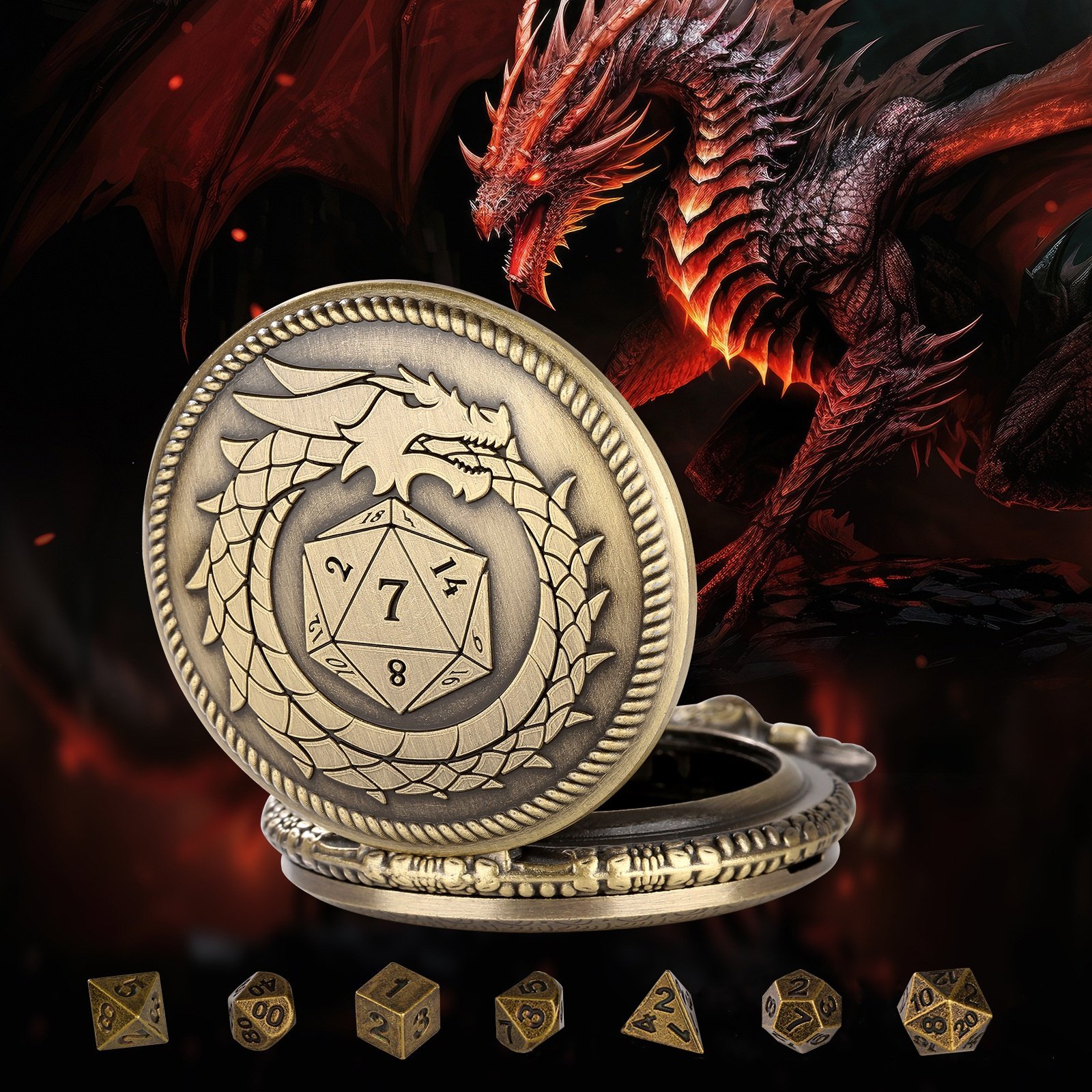 Dungeons and Dragons Gifts Polyhedral Mini Metal DND Dice Set with Pocket Watch Shell
