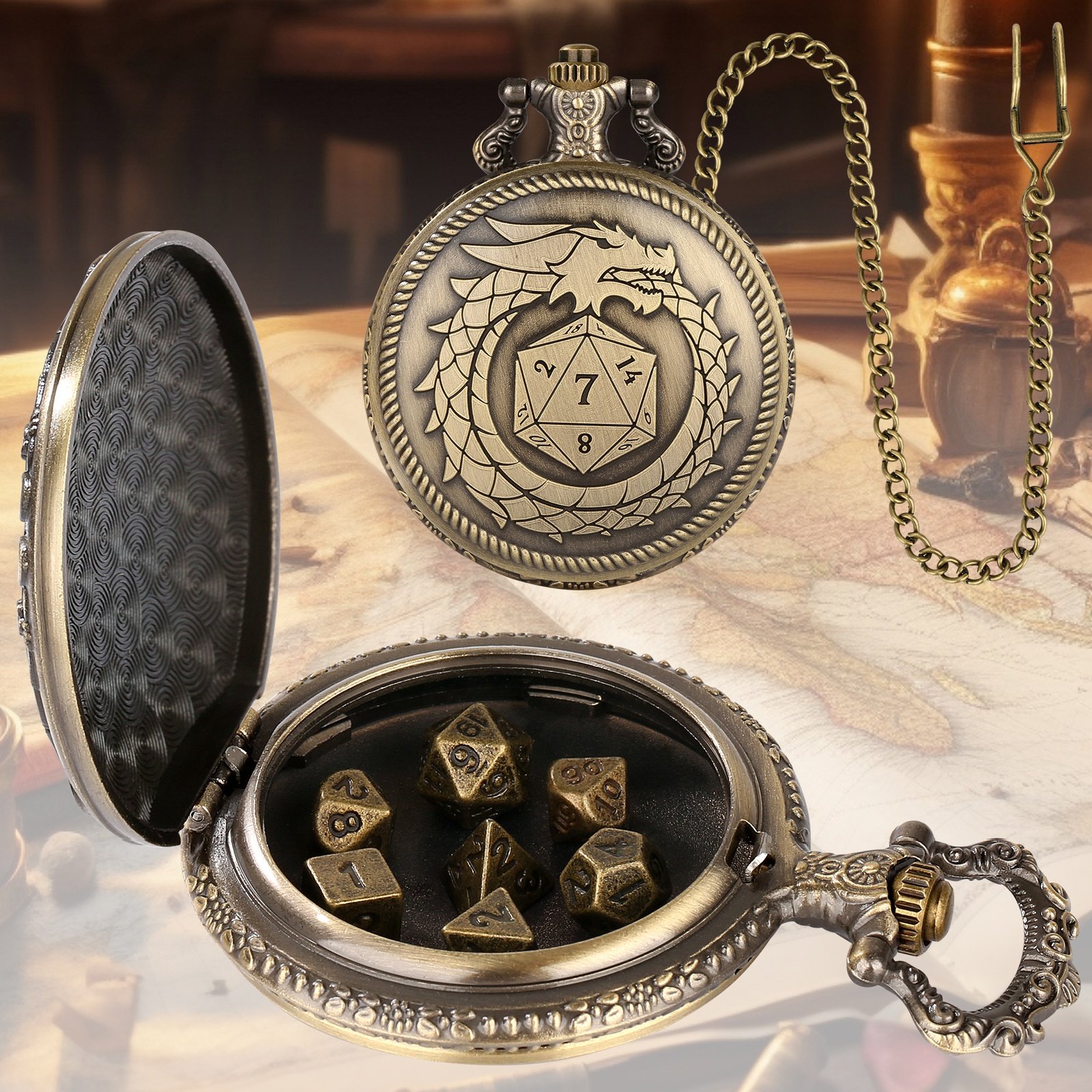 Dungeons and Dragons Gifts Polyhedral Mini Metal DND Dice Set with Pocket Watch Shell